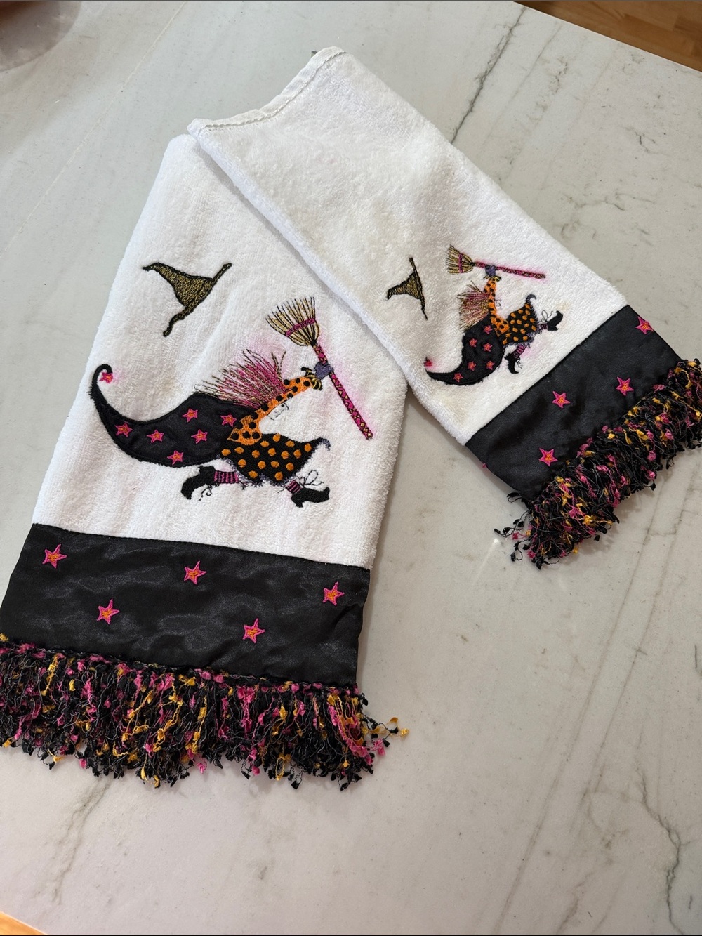 Halloween Embroidered Witch Hand Towels - White with Black & Pink Accents